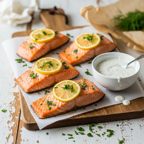 Lemon Baked Salmon with a Creamy Greek Yogurt Dill Sauce