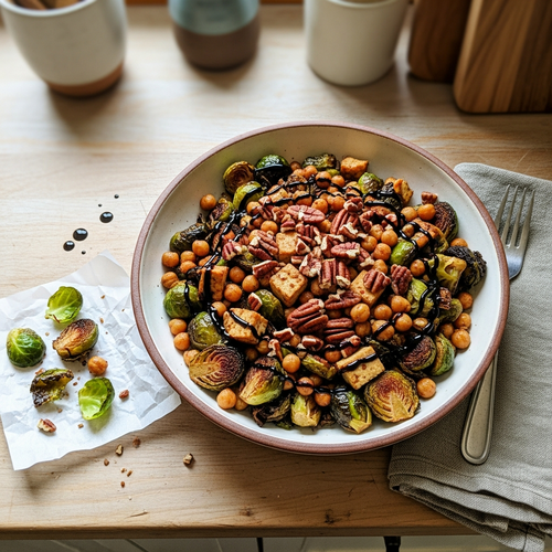 High-Protein Balsamic Roasted Brussels Sprouts with Tofu and Chickpeas
