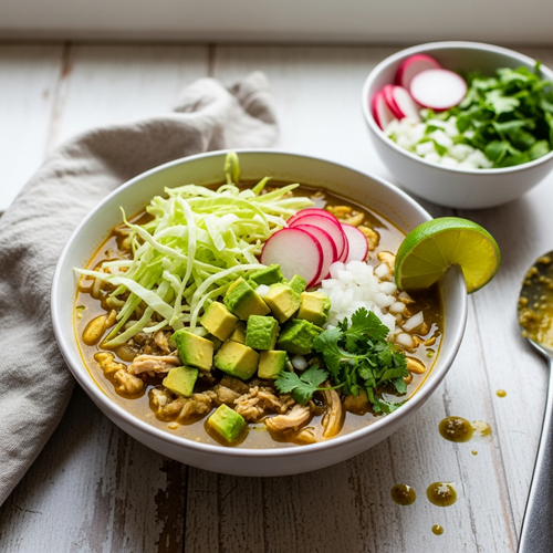 A vibrant bowl of chicken pozole verde topped with fresh cabbage, radishes, and avocado.