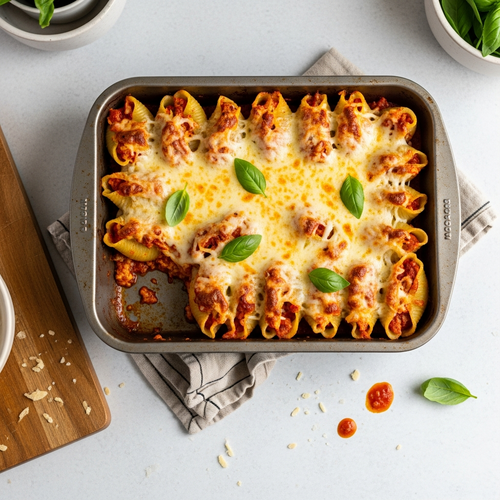 A casserole dish of high-protein stuffed shells with melted cheese and fresh basil