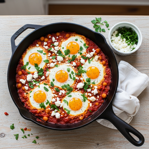 A skillet of shakshuka with poached eggs, feta, and parsley.