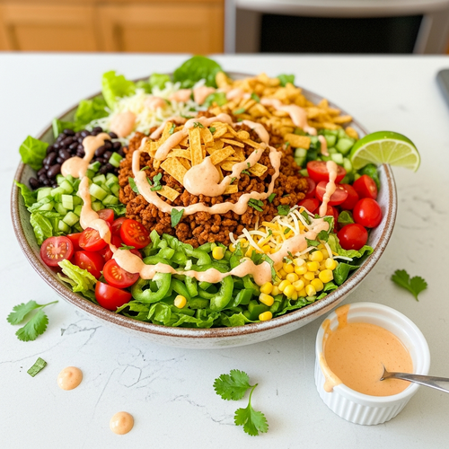 Healthy Taco Salad with Creamy Salsa Dressing and a High-Protein Crunch
