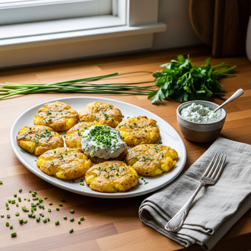 Crispy High-Protein Smashed Potatoes with a Creamy Herb Sauce